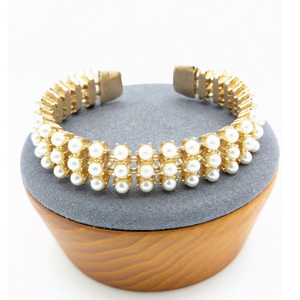 Vintage Gold Tone Three Row Faux Pearl Cuff Bracelet